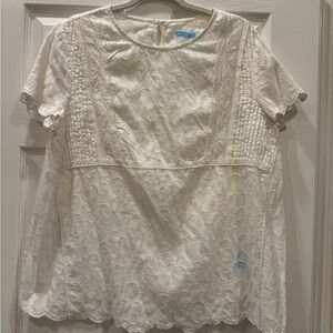 J. McLaughlin 100% Cotton Cream Lace Short Sleeve Embroidered Blouse